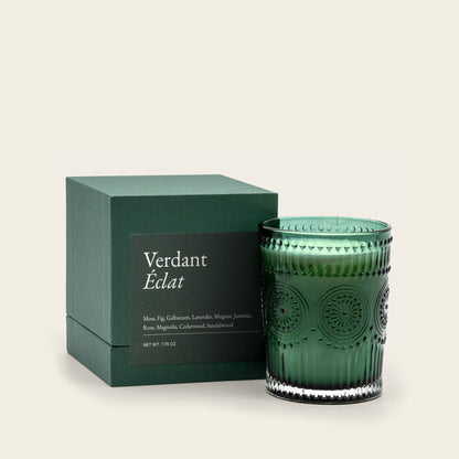 Dark green textured glass scented candle with Verdant Éclat gift box