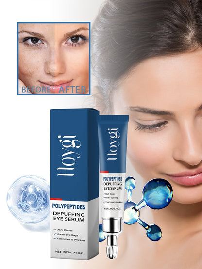 De-puffing eye serum cream set: blue tube and carton with silver dispensing tip