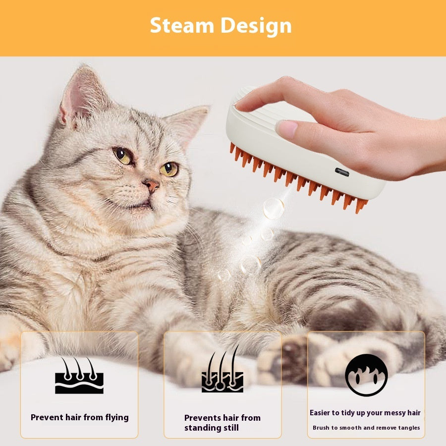 Pet grooming steam brush with orange bristle head on a white handheld body