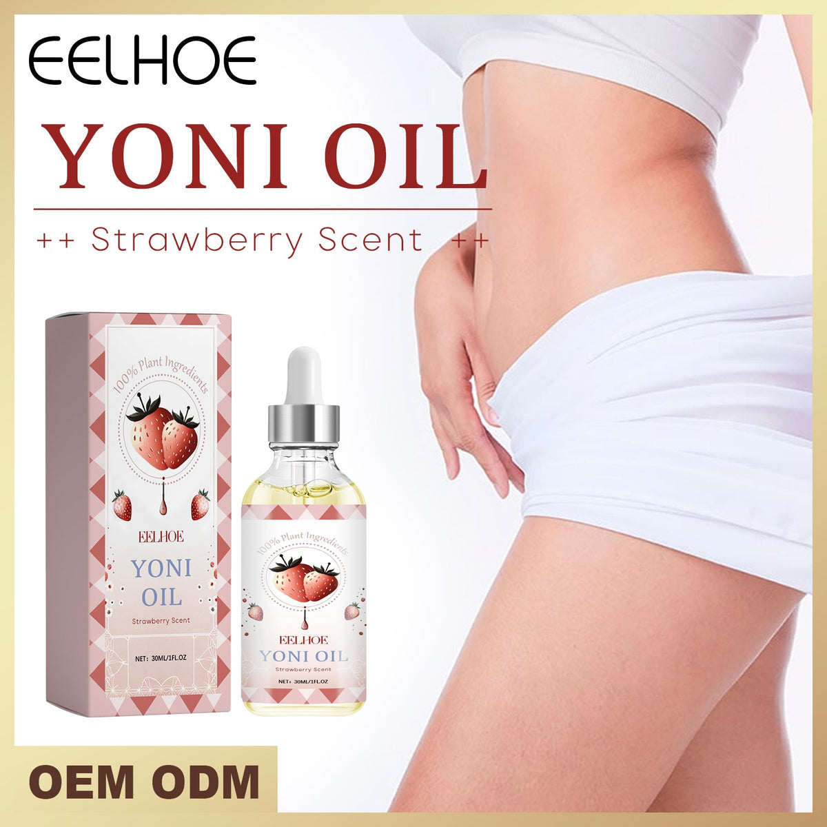 Intimate soothing essential oil bottle with dropper and box beside shorts-clad legs