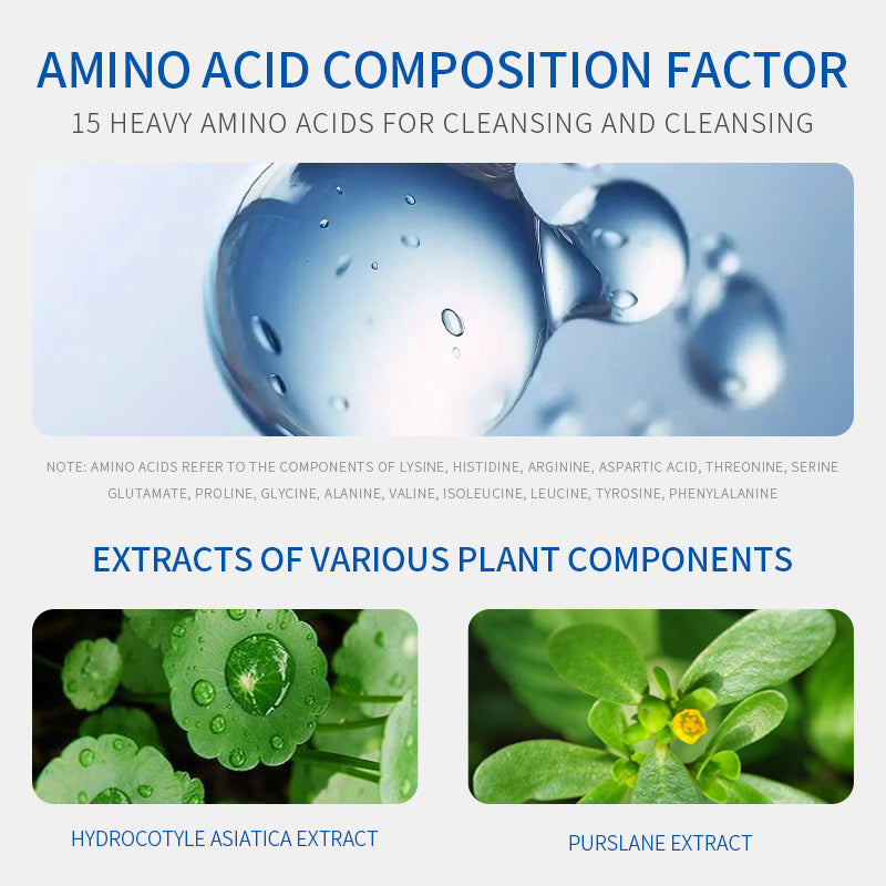 Amino acid facial cleanser composition graphic with bubble and droplet visuals.