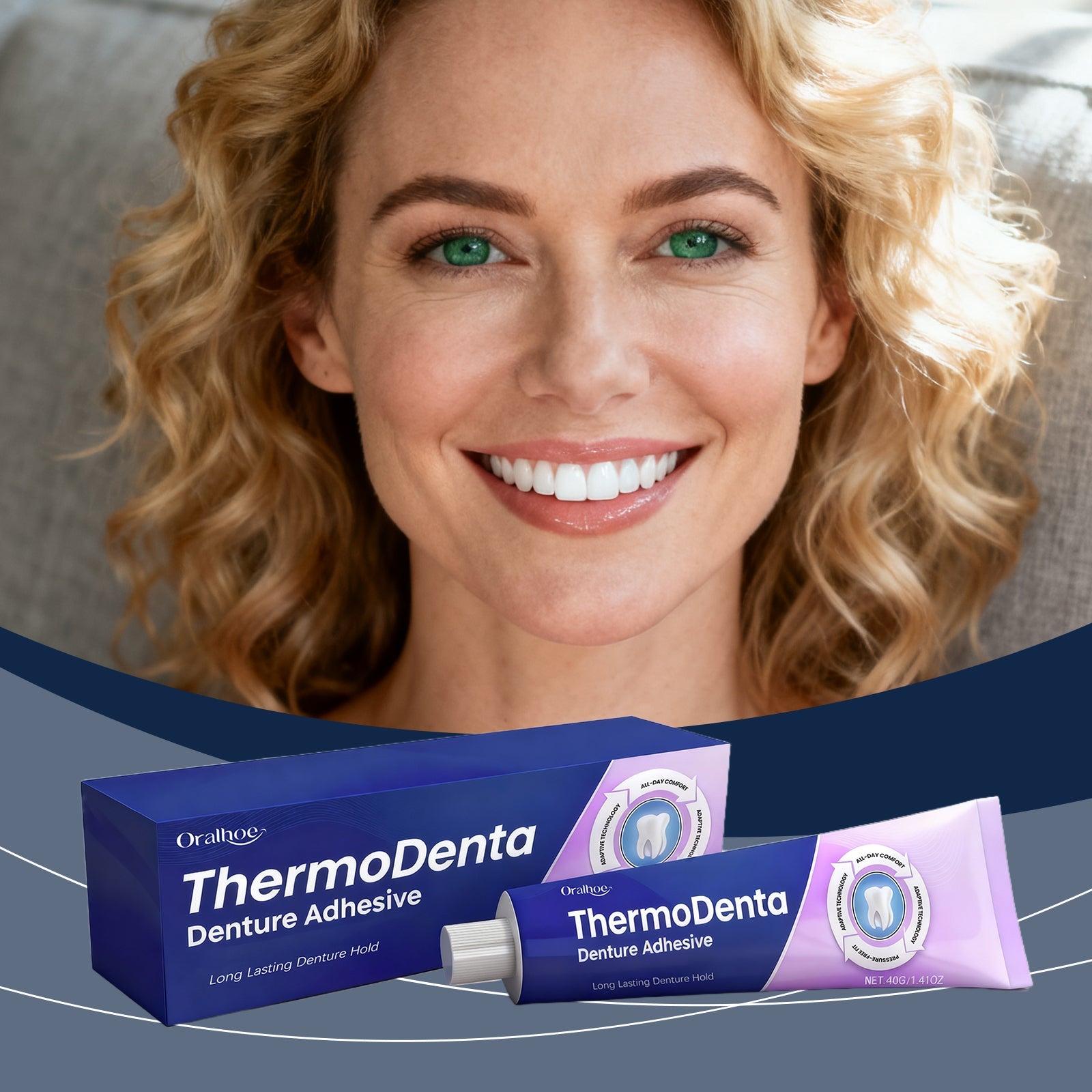 ThermoDenta denture adhesive box and tube, purple and white with gray nozzle