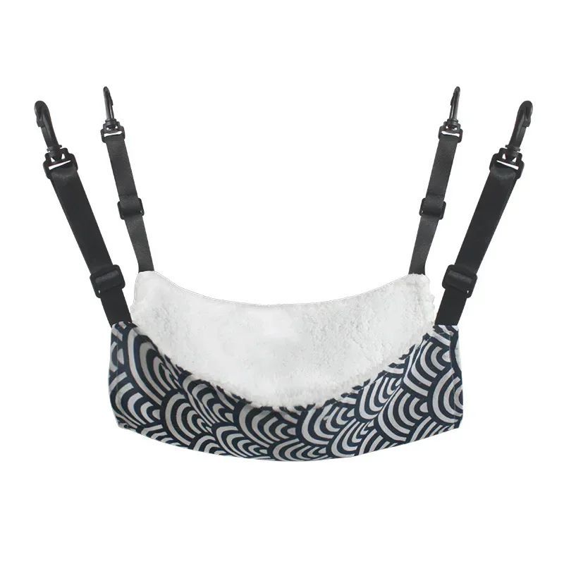 Hanging cotton pet hammock bed with navy wave pattern and white plush lining