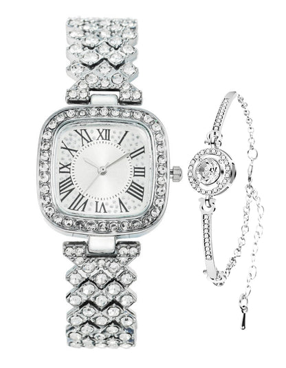 ADSBIAOYE Fashion Luxury Vintage Diamond Square Watch Digital dial Quartz Womens Watch (Silver C)