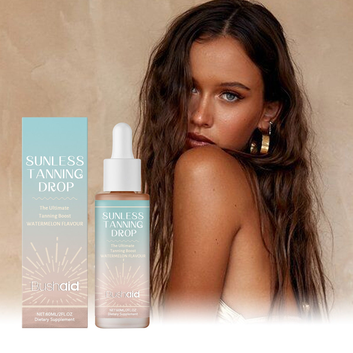 Bushaid sunless tanning drop oral bottle with dropper and box, watermelon flavour