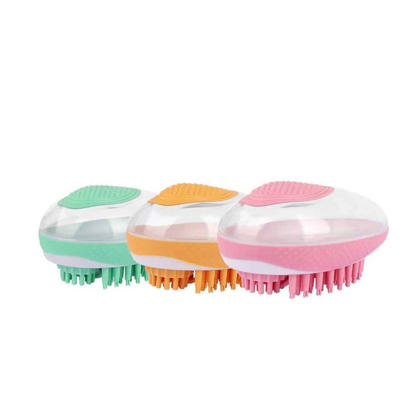 Pet bath brush set: three oval holders with green, orange, and pink silicone bristles