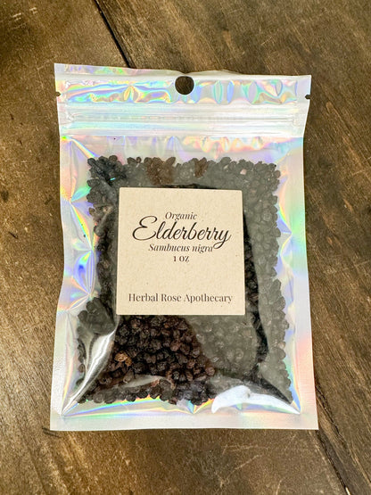 Organic elderberry dried berries in holographic foil pouch, 10g label
