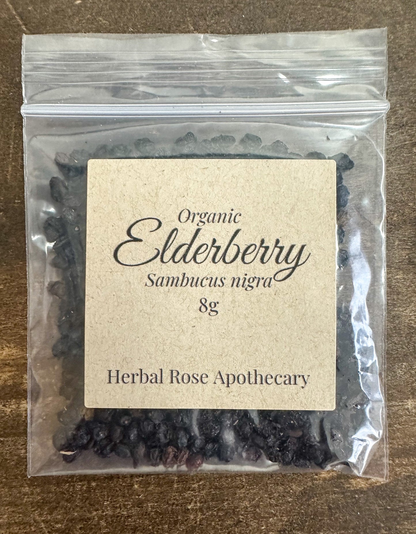 Organic elderberry dried berries in foil pouch, 8g label, Herbal Rose Apothecary
