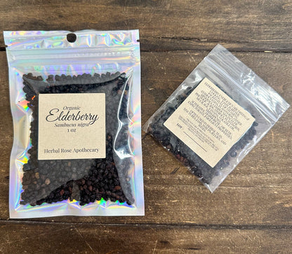 Organic elderberry dried berries in resealable foil pouch, Herbal Rose Apothecary