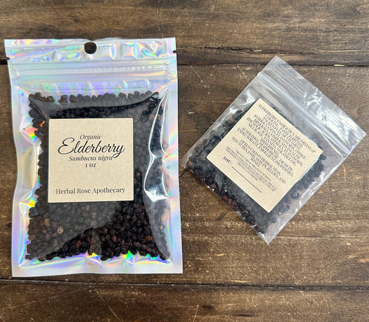 Organic elderberry dried berries in resealable foil pouch, Herbal Rose Apothecary