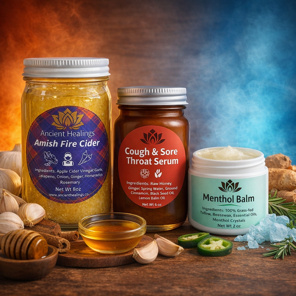 Winter support set with Amish Fire Cider jar, throat serum bottle, and menthol balm tub