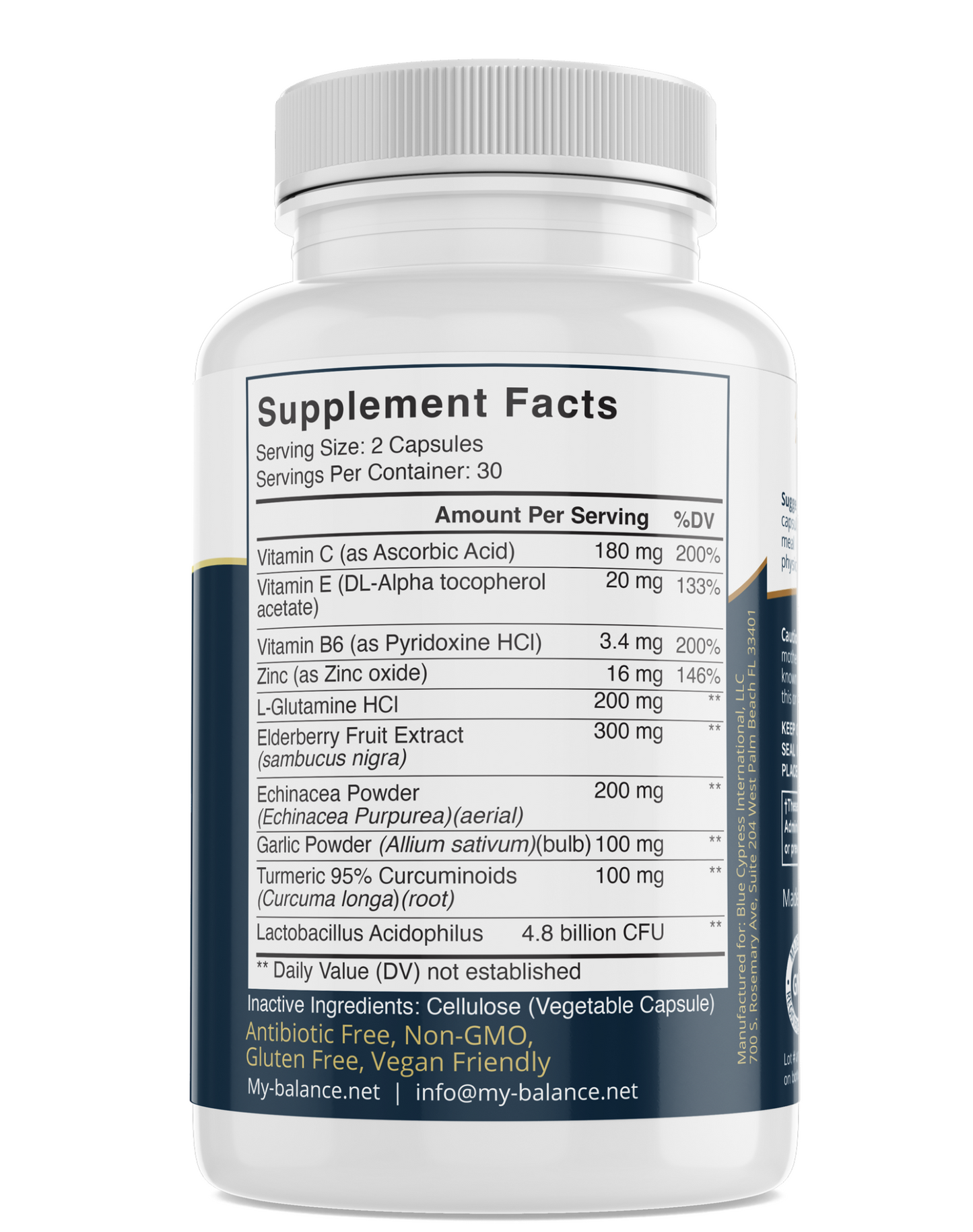 Emergency immune support supplement bottle, Supplement Facts panel with vitamin amounts