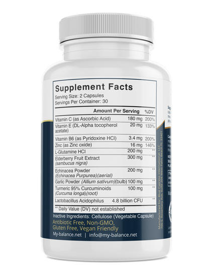 Emergency immune support supplement bottle, Supplement Facts panel with vitamin amounts