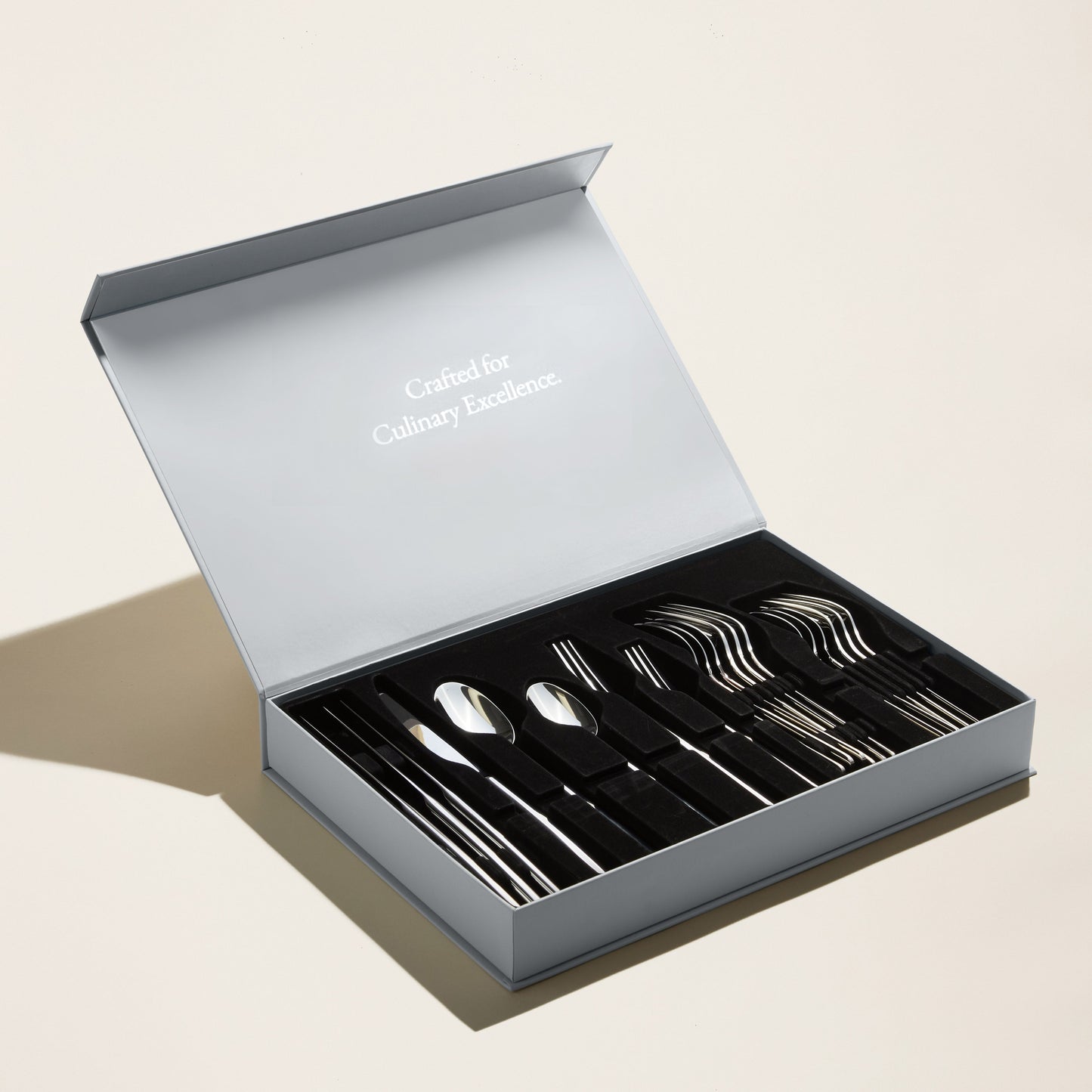 Silver flatware set in an open box with black insert