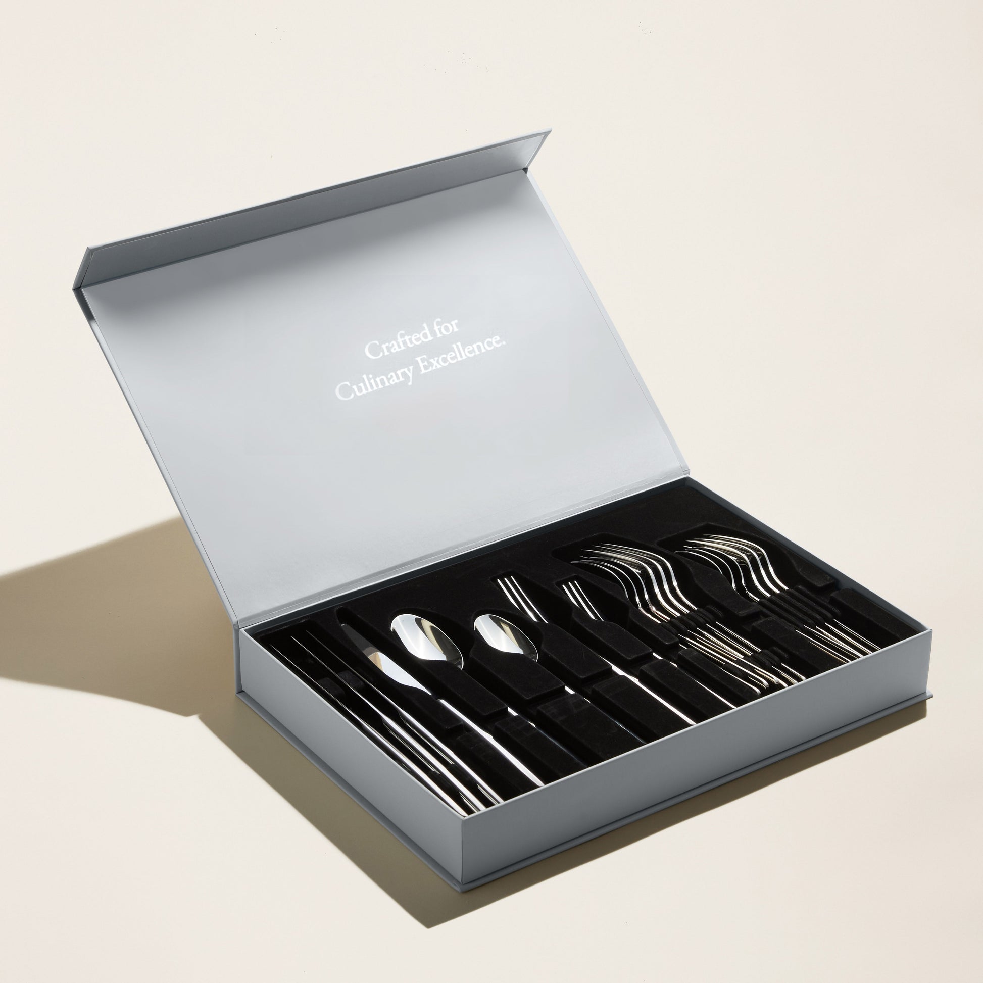 Silver flatware set in an open box with black insert