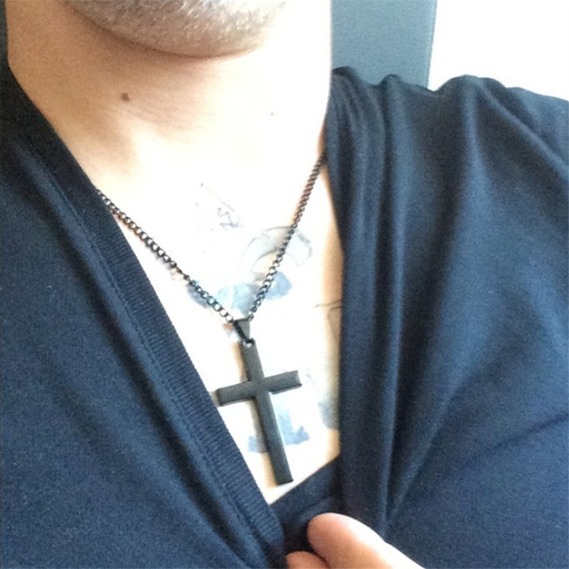 Cross necklace on chain with matte black cross pendant
