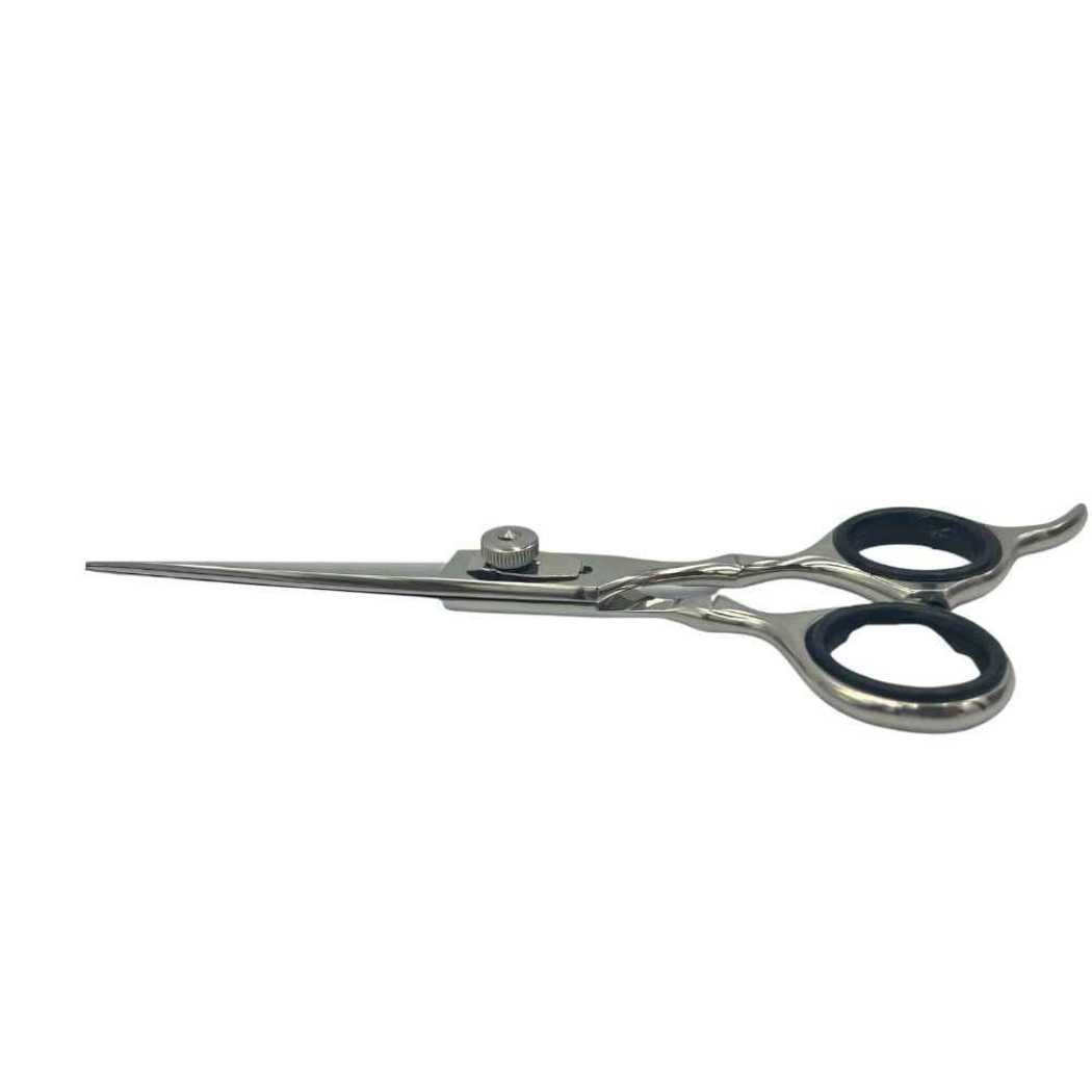 Essential shears side view with long blade and black finger rings