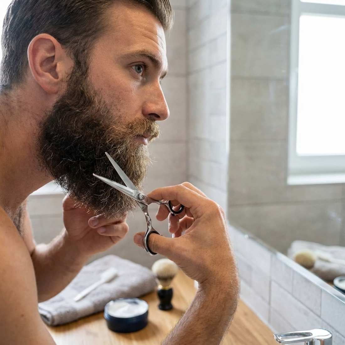 Essential shears in use, held by barber hands near beard
