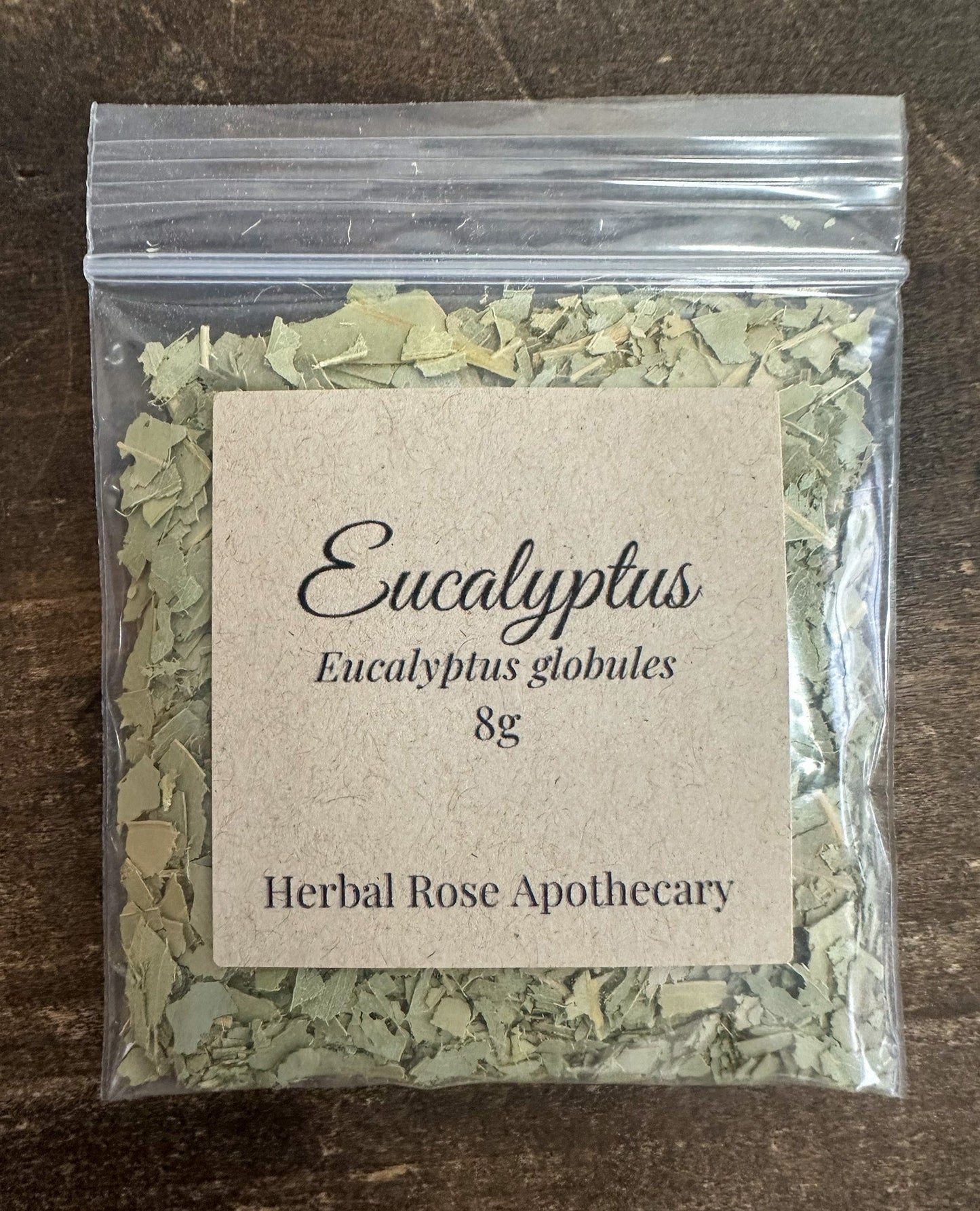 Organic eucalyptus leaf flakes bag, clear pouch with front label