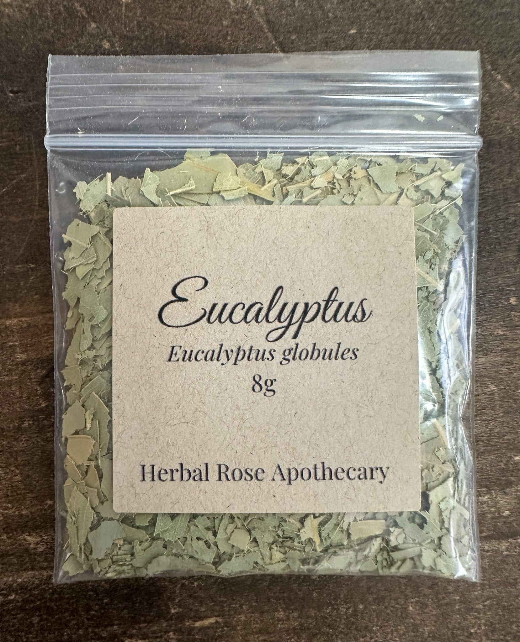 Organic eucalyptus leaf flakes bag, clear pouch with front label