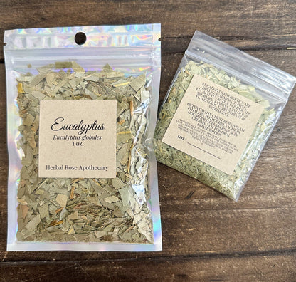 Organic eucalyptus leaf flakes in clear resealable pouch, label on front