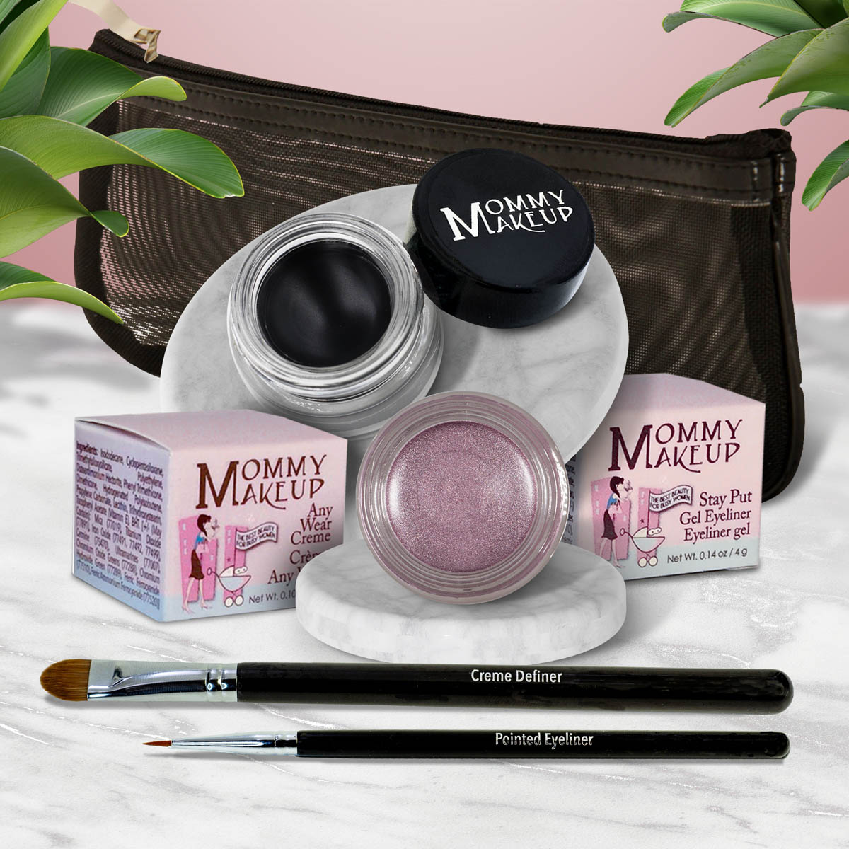 Waterproof eye makeup set with black gel eye shadow pot, rosy lilac pot, two eyeliner brushes