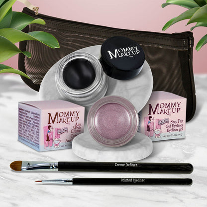 Waterproof eye makeup set with black gel eye shadow pot, rosy lilac pot, two eyeliner brushes