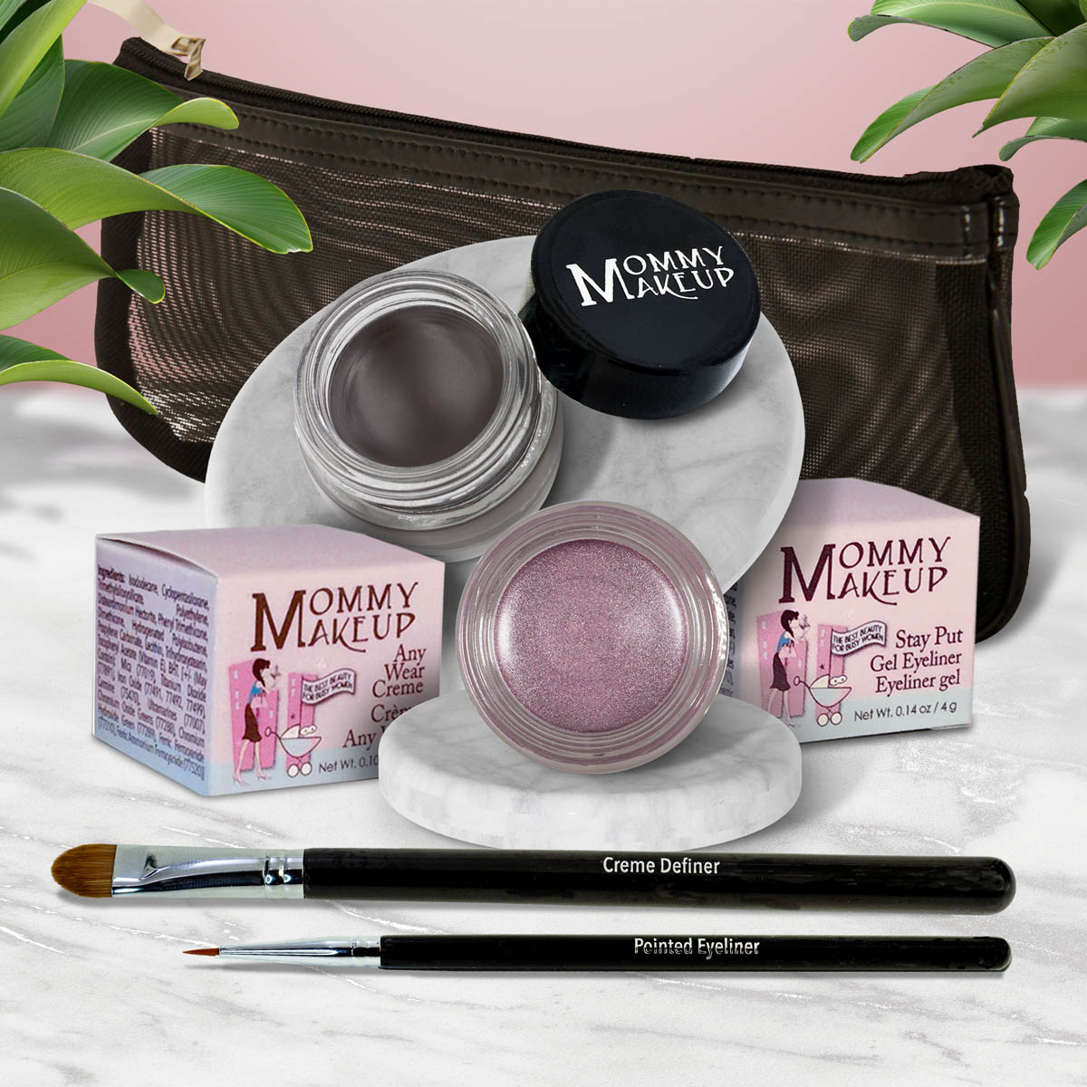Waterproof eye makeup set with gray gel eye shadow pot, rosy lilac pot, two eyeliner brushes