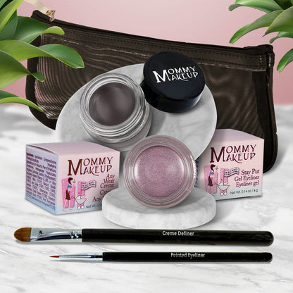 Waterproof eye makeup set with gray gel eye shadow pot, rosy lilac pot, two eyeliner brushes