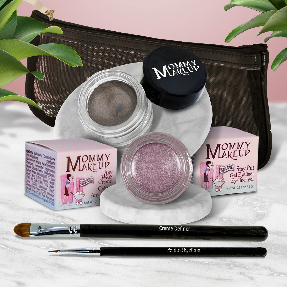 Waterproof eye makeup set with dark gray gel eye shadow pot, rosy lilac pot, two eyeliner brushes