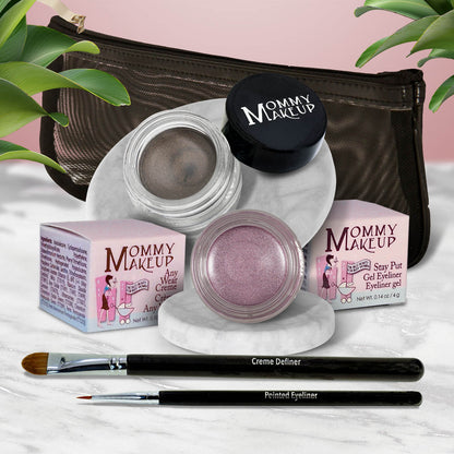 Waterproof eye makeup set with dark gray gel eye shadow pot, rosy lilac pot, two eyeliner brushes