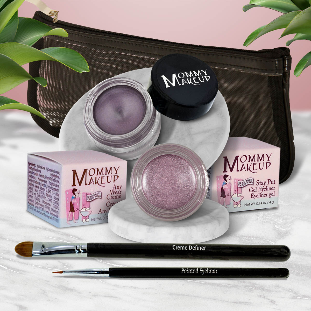 Waterproof eye makeup set with lilac gel eye shadow pot, rosy lilac pot, two eyeliner brushes