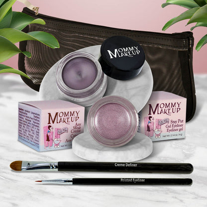 Waterproof eye makeup set with lilac gel eye shadow pot, rosy lilac pot, two eyeliner brushes