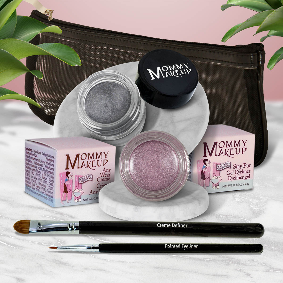 Waterproof eye makeup set with smoky gray gel eye shadow pot, rosy lilac pot, two eyeliner brushes