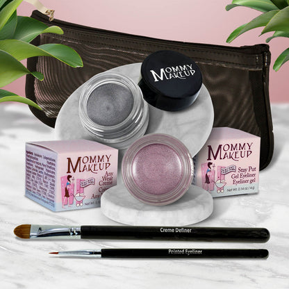Waterproof eye makeup set with smoky gray gel eye shadow pot, rosy lilac pot, two eyeliner brushes