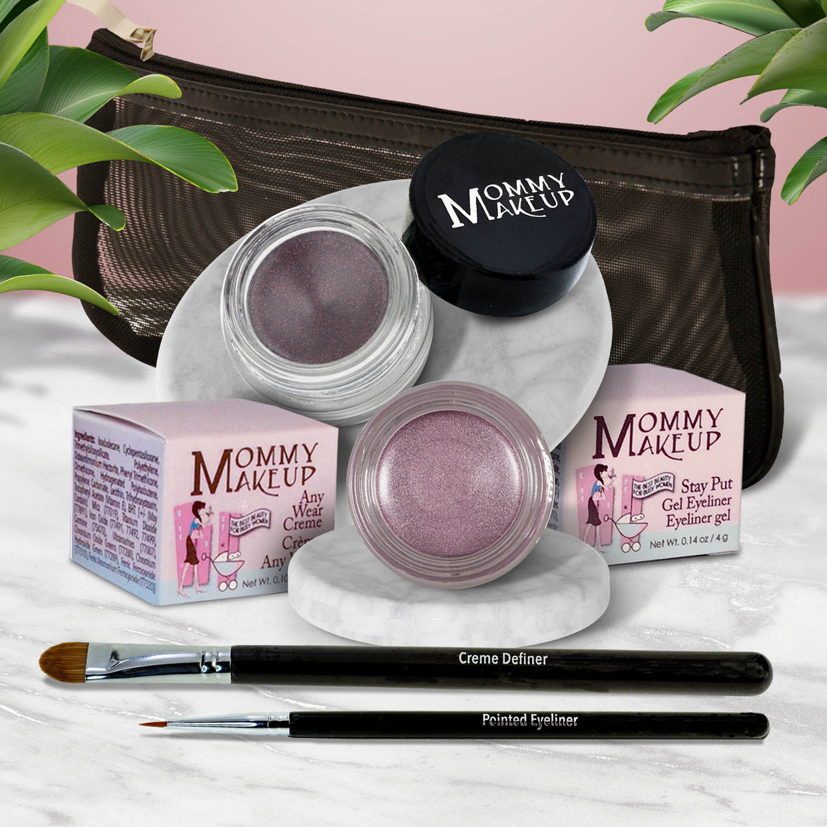 Waterproof eye makeup set with two shimmer gel pots and two black eye liner brushes