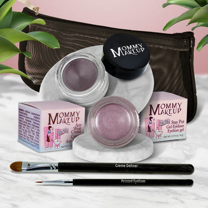 Waterproof eye makeup set with two shimmer gel pots and two black eye liner brushes