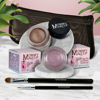 Waterproof eye makeup set with bronze and lavender shimmer gel pots, plus two liner brushes