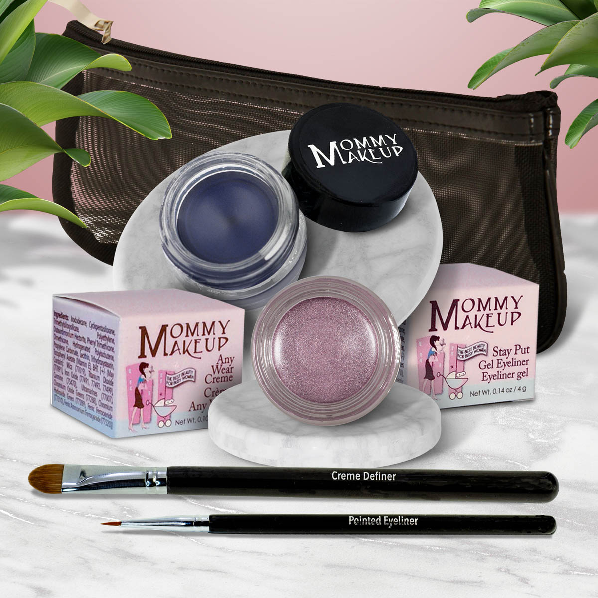 Waterproof eye makeup set with navy and mauve shimmer gel pots and two liner brushes