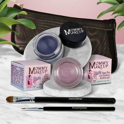 Waterproof eye makeup set with navy and mauve shimmer gel pots and two liner brushes
