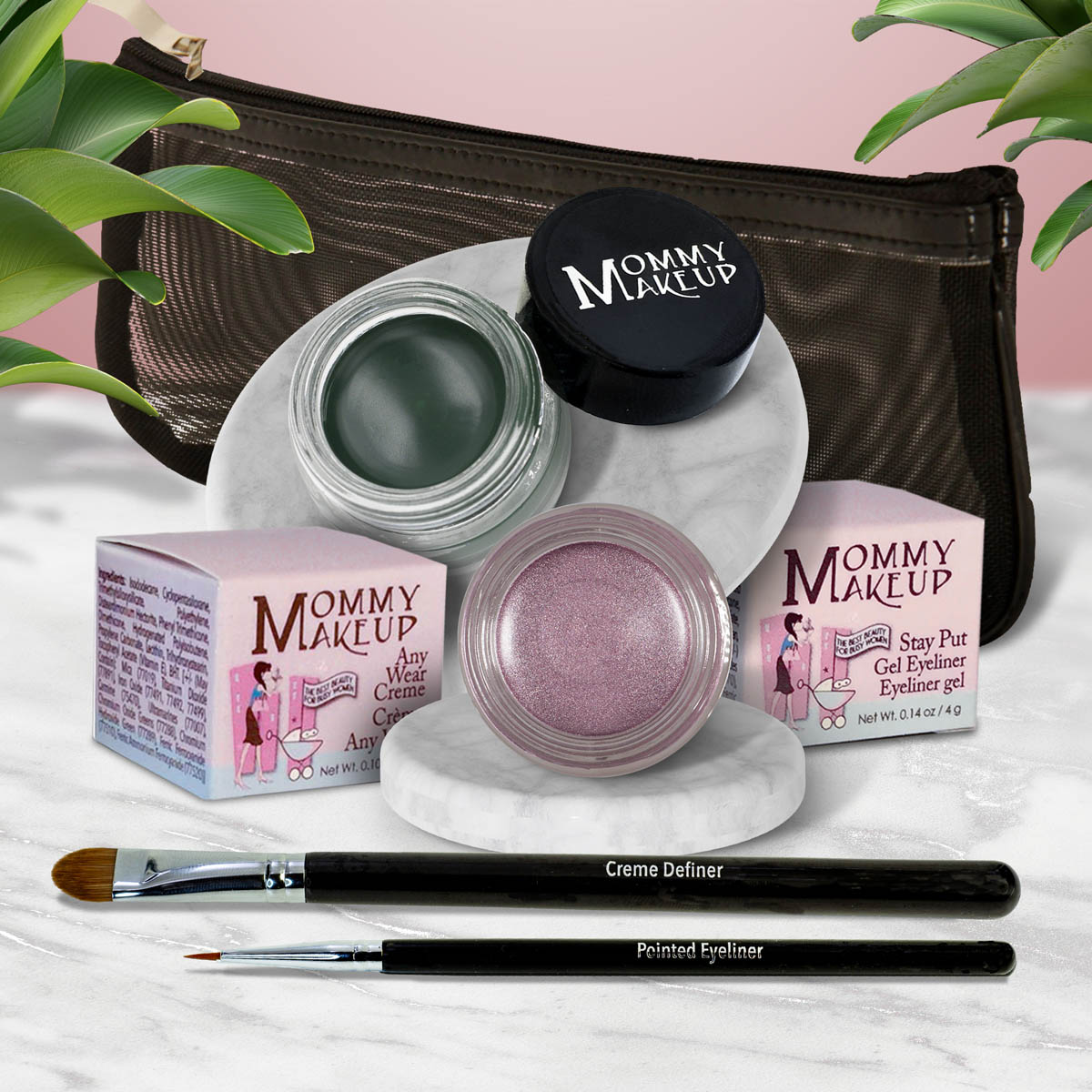 Waterproof eye makeup set with green and mauve shimmer gel pots, with two liner brushes