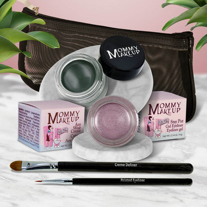 Waterproof eye makeup set with green and mauve shimmer gel pots, with two liner brushes
