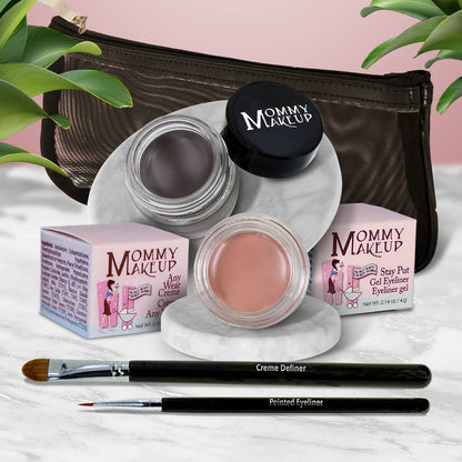 Waterproof eye makeup set with gray and peach cream gel pots and two liner brushes