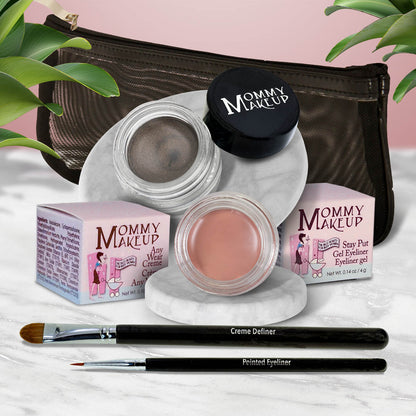 Waterproof eye makeup set with dark gray and peach cream gel pots and two liner brushes
