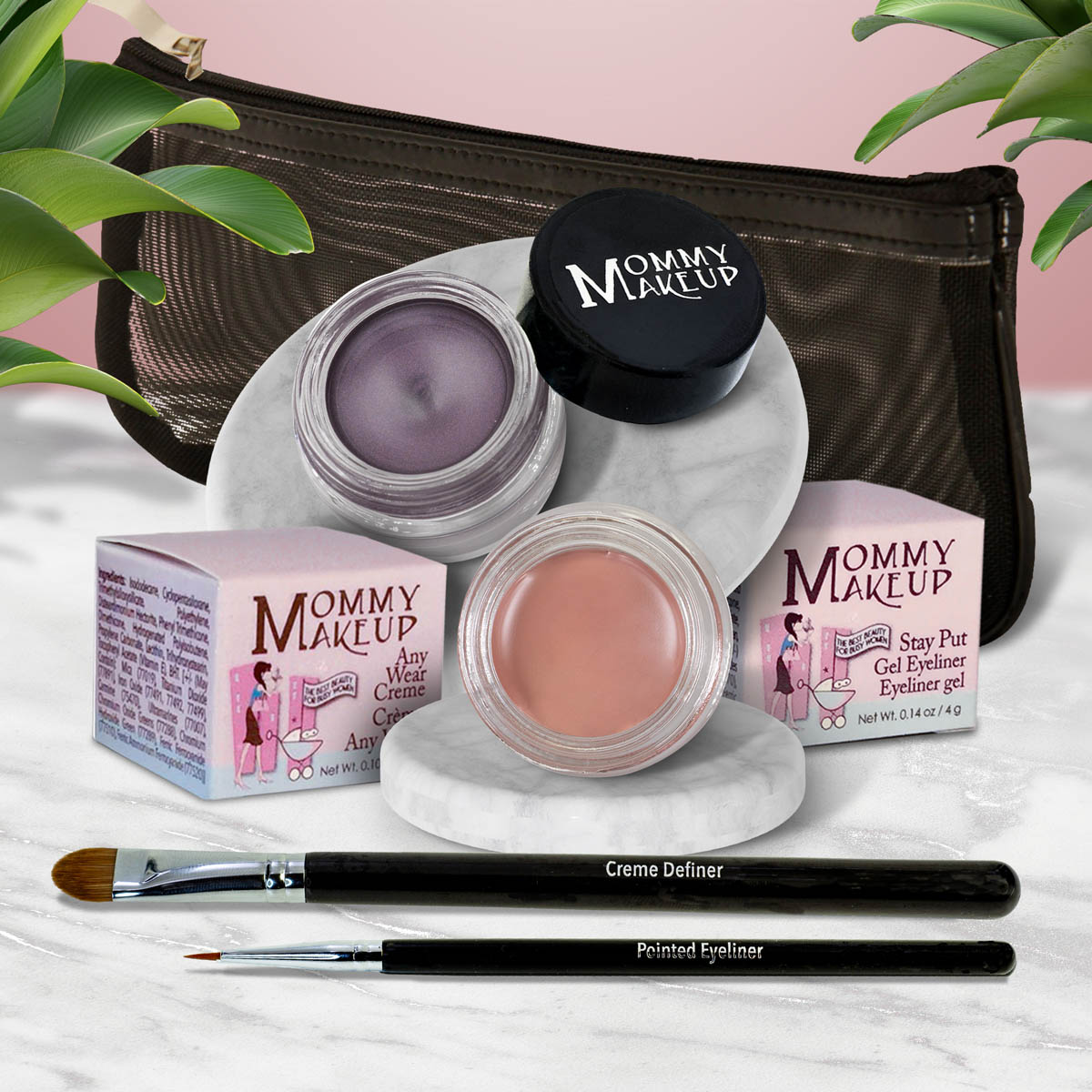 Waterproof eye makeup set with lilac and peach cream gel pots and two liner brushes