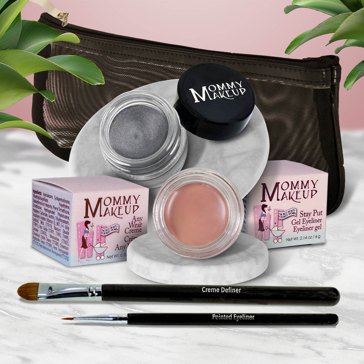Waterproof eye makeup set with silver-gray and peach cream gel pots and two liner brushes