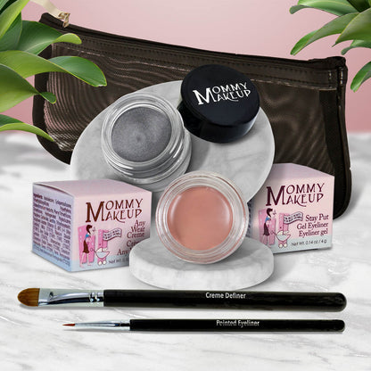 Waterproof eye makeup set with silver-gray and peach cream gel pots and two liner brushes