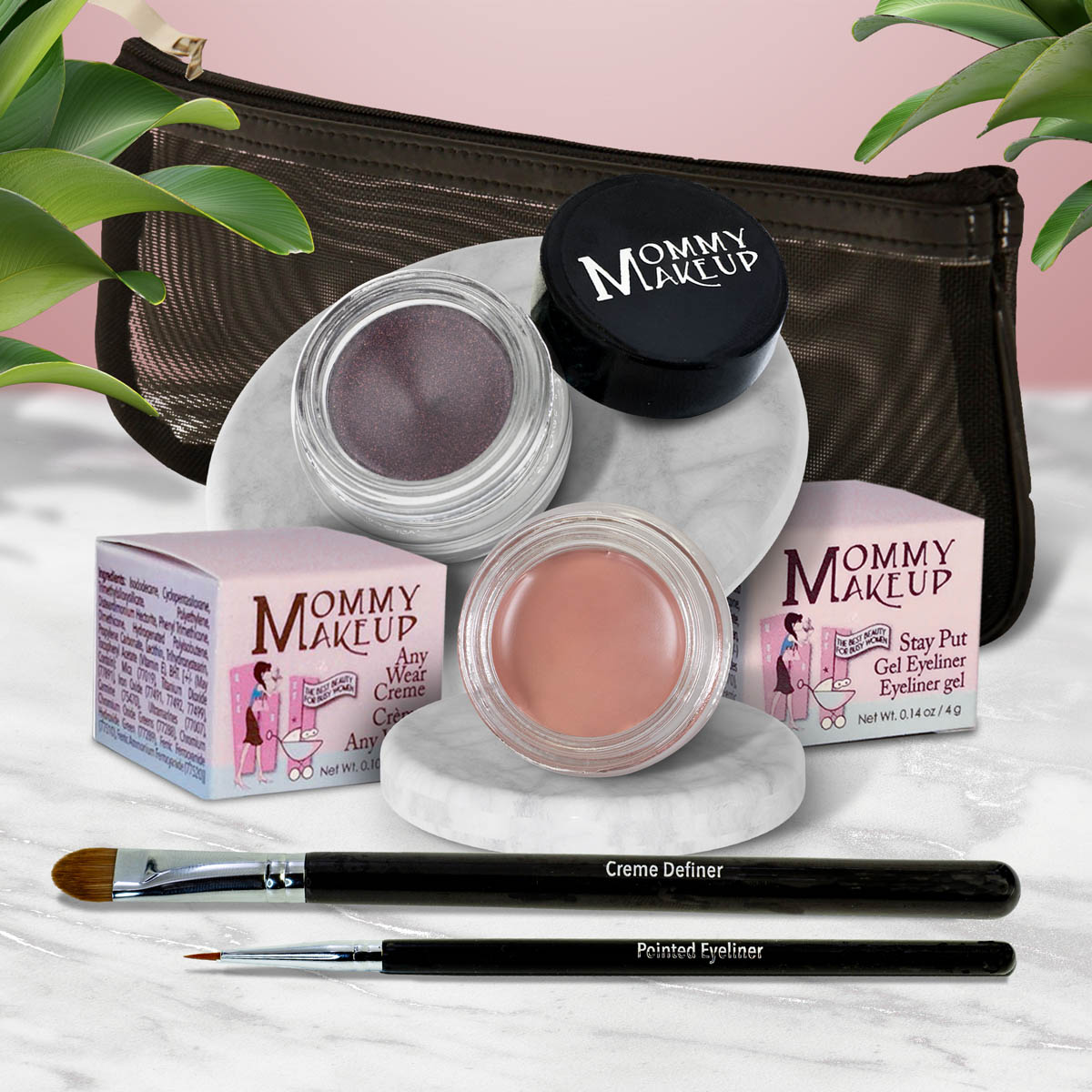 Waterproof eye makeup set with purple and peach cream gel pots and two liner brushes