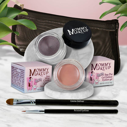Waterproof eye makeup set with purple and peach cream gel pots and two liner brushes
