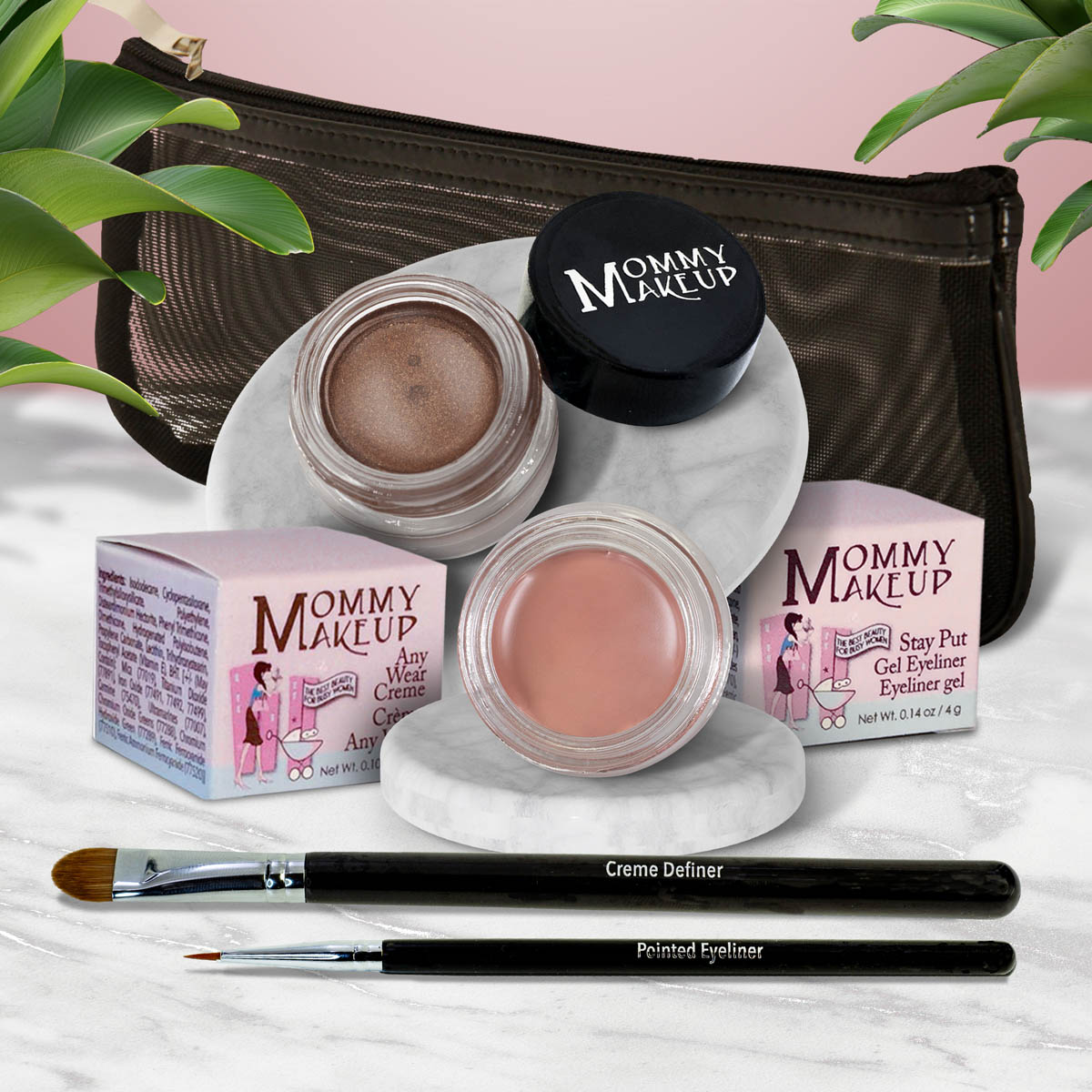 Waterproof eye makeup set with brown cream pot, pink base pot, and eyeliner brush.